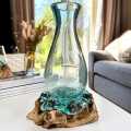 Hand Blown Molten Glass Flower Vase On Natural Wood Root. 