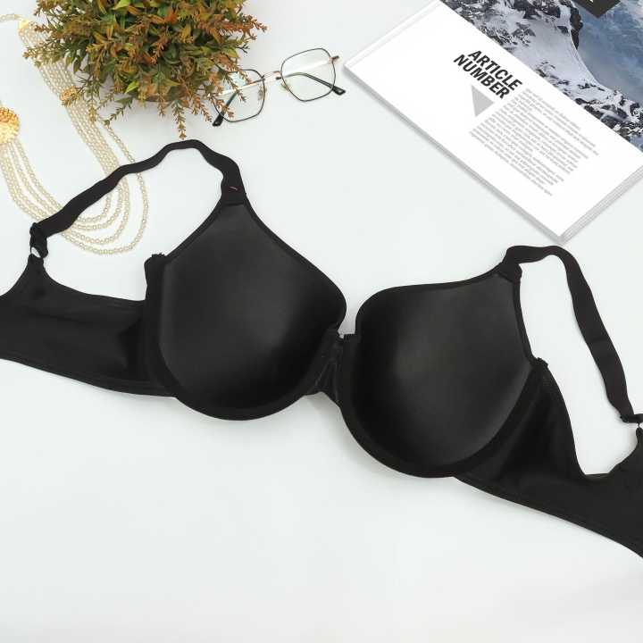 Black%20Color%20Spandex%20Plain%20Big%20Cup%20Light%20Padded%20T-shirt%20Bra%20For%20Women%20-%20Image%204