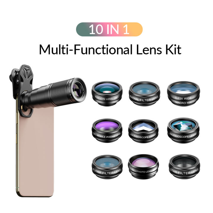 APEXEL 10 in 1 Mobile phone Lens Kit 22X Telephoto Fisheye lens Wide Angle Macro Lens+CPL Star Flow Filters for all smartphones