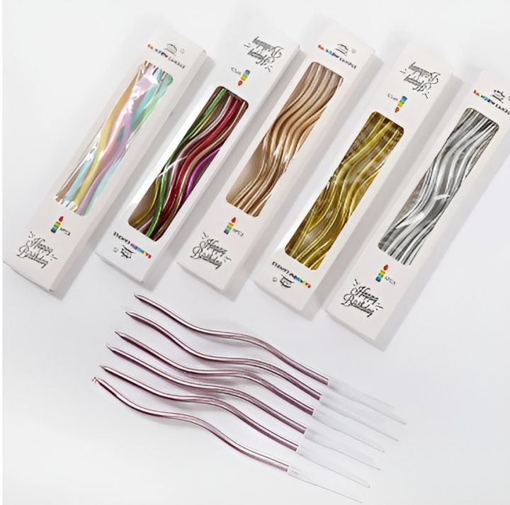 Metallic Curve Candles for Cake Decoration 6 Pcs Set