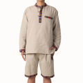 Cream Nepali Half Pant & Bhutani Borderd Kurta Shirt For Men. 