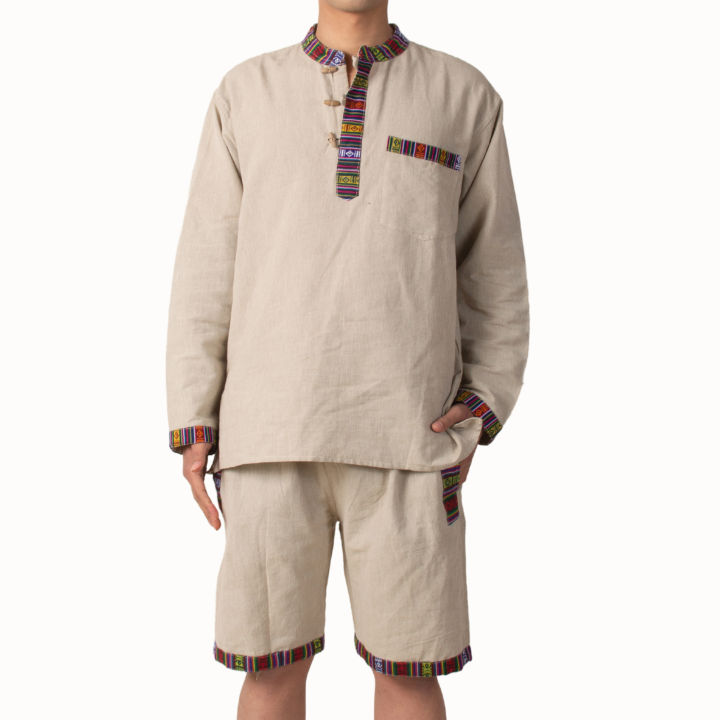 Cream Nepali Half Pant & Bhutani Borderd Kurta Shirt For Men