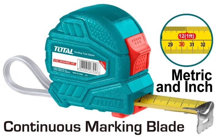 Total Steel measuring tape 5m Length & width:5mx19mm  With metric and inch With 3  stop button function  With rubber cover  Packed by plastic  hanger