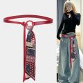 Vintage Style Leather Belt Silk Scarf Belt Red Black Coffee Bandana Scarf Waist Chain Retro Waistband Hip Hop Fashion. 