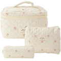 Large Capacity Makeup Bag 3 Pcs Cotton Quilted Makeup Bag Aesthetic Floral Toiletry Bag for Women. 