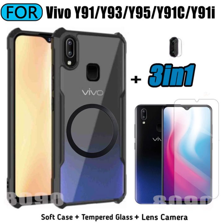 3 in 1 Vivo Y91 Acrylic Phone Case For Vivo Y93 Y95 Y91C Y91i Y1S Casing With Magnetic Wireless Charging Sticker +Full Coverage Tempered Glass Screen Protector