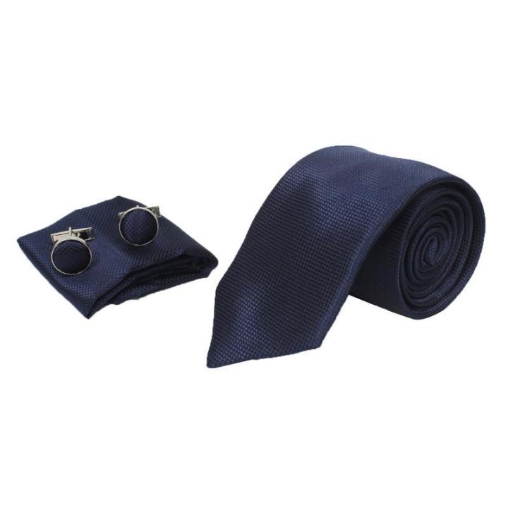Dark Blue Pattern Printed Neck Tie With Cufflinks For Men