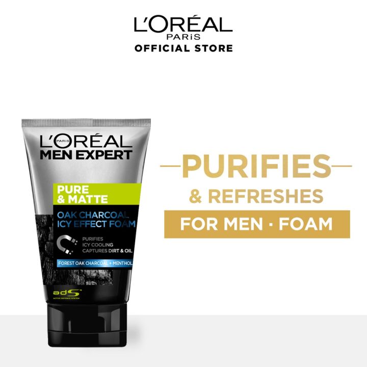 L'Oreal Paris Men Expert Pure and Matte Icy Effect Charcoal Black Foam For Combination to Oily Skin 100ml - Original Genuine Product of Europe - NS Suppliers