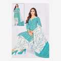 Blue And White Printed Kurta Suruwal With Shawl Set For Women (Unstitched). 