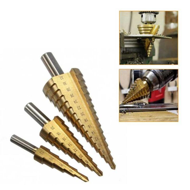 3Pcs Step Drill Bit Hole Drill Bit High Speed Steel Coated Step Drill Bit Hole Cutter Hex Shank Power Tools 4 12mm 4 20 mm 4 32mm