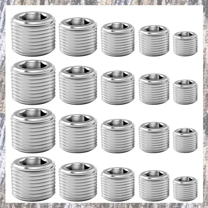 20 Pcs Pipe Plug Fitting,1/8 1/4 3/8 1/2 3/4In NPT Male Internal Hex Thread Socket Pipe Plug Fitting Assortment Kit,B