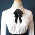 Fashion Polyester Ribbon Bowknot Brooch Pin Black Vintage Collar Pretied Necktie Clip Crystal Rhinestones Jewelry Bowtie Women. 