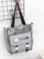 Kemitu Black Tote Bag With Newspaper Print And Buckle Closure -Trendy Shoulder Bag For Daily Use. 