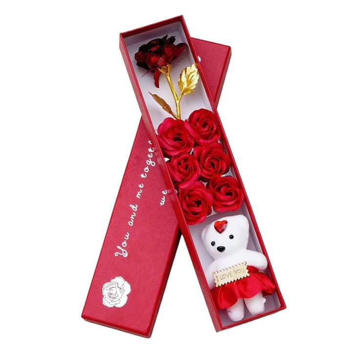 Red Rose Flower with Teddy, Rose Petals, Luxury Gift Box and Carry Bag ...