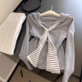 Korean Style College Style Navy Collar Striped Ribbon Long Sleeve T-Shirt for Women with Unique Design, Slimming Base Shirt for Spring and Autumn. 