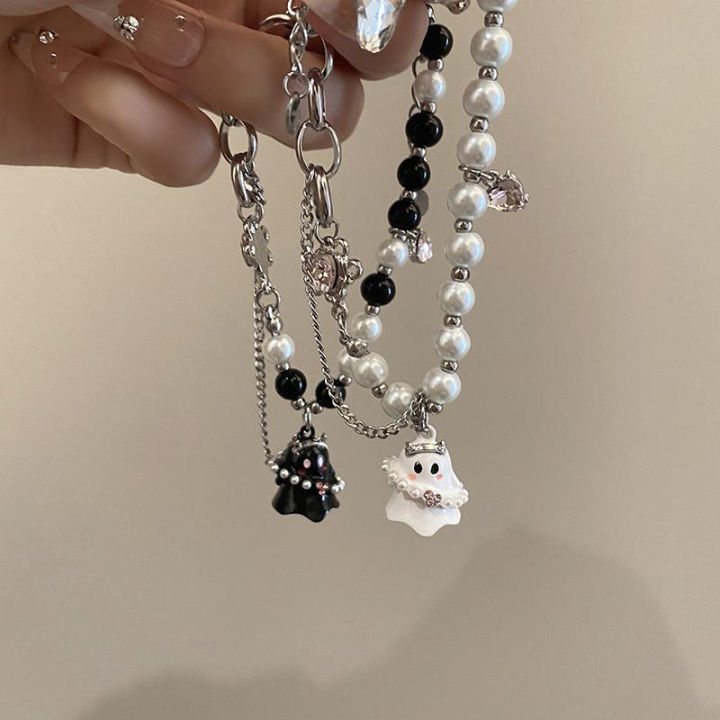 Fashion Trendy Gothic Aesthetic Ghost Style Pearl Chain Bracelet For Women Men Punk Halloween Y2k 2000s EMO Jewelry Accessories CF8