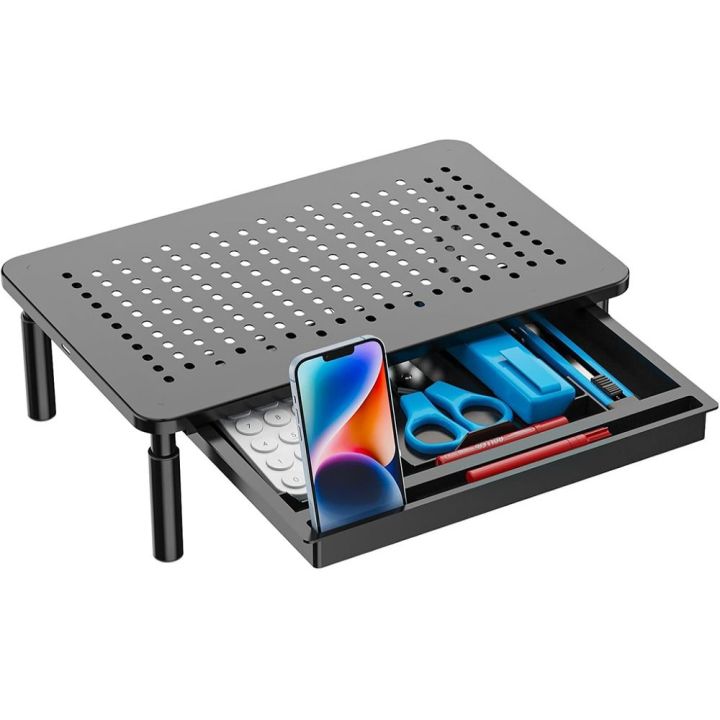 Multi-use Adjustable Computer Monitor Stand Metal with Storage Drawer Laptop Cooling Bracket Heightening Storage Rack