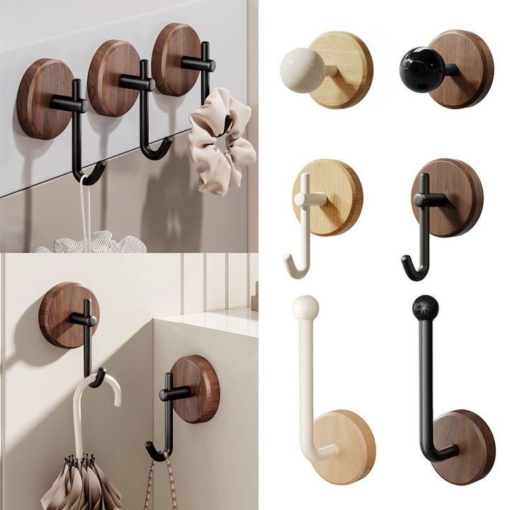 Northern Europe Wood Wall Mount Hook Self-adhesive Black White Wall-mounted Storage Hook Waterproof No Drill Towel Rack Ornament