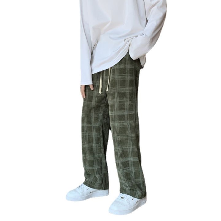 Corduroy Plaid Pants Men's Autumn and Winter Fashionable ins Straight Wide-leg Pants Hong Kong-style Loose Draped Pants for Couples
