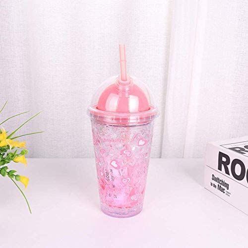 Cup Pitcher Water Bottle Double Plastic Cold Cup, Ice Cup with Straw Gel Ice Cup Pink Flower with Straw Drinking Cup White Sun Flower- 450Ml