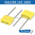 20pcs 102J100 Correction Capacitor 102 100V 1nF 0.001uF 102J 100V Pitch 5mm Polypropylene Safety Plastic Film. 
