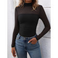 Women'S - Mock Turtle Neck Long Sleeve Tops Sheer Mesh Ruched Trendy Going Out Shirts Blouse. 