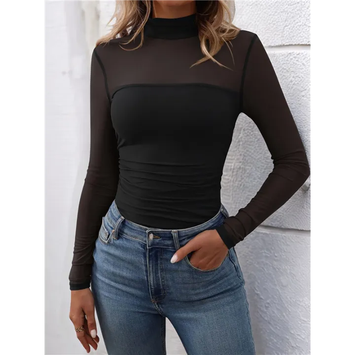 Women'S%20-%20Mock%20Turtle%20Neck%20Long%20Sleeve%20Tops%20Sheer%20Mesh%20Ruched%20Trendy%20Going%20Out%20Shirts%20Blouse%20-%20Image%209