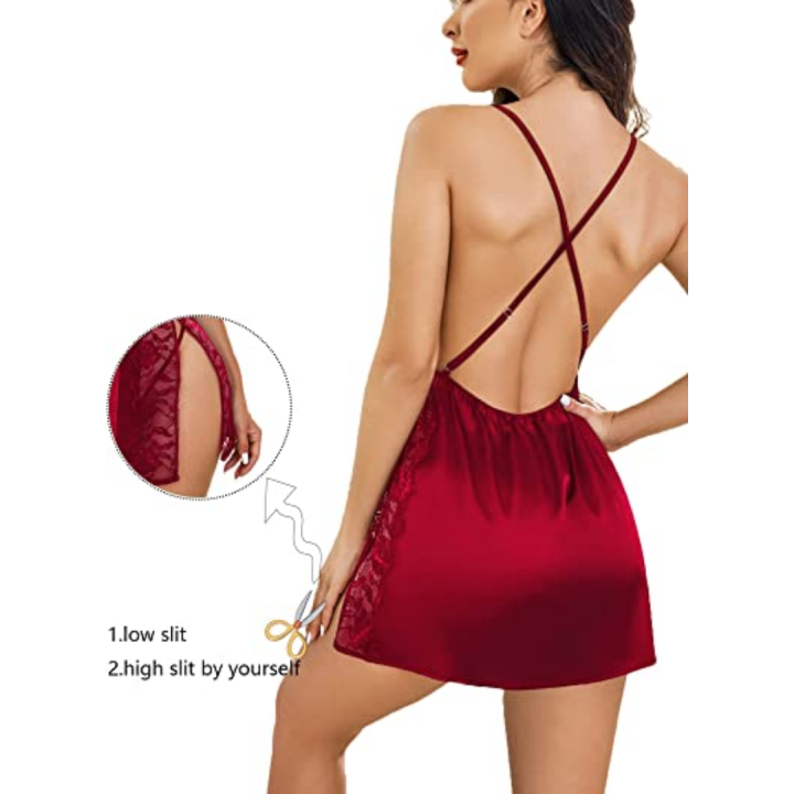 Fancyra%20Babydoll%20Nightwear%20Lingerie%20Satin%20Lace%20Chemise%20Nightgown%20Sexy%20Side%20Slit%20Sleepwear%20For%20Women%20-%20Image%203