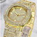 Fashionable Golden Quartz Iced Watch For Unisex. 