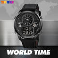 SKMEI 1653 Men's World Time Dual Display Movement LED Electronic Multifunction Leather Strap Watch - Black. 
