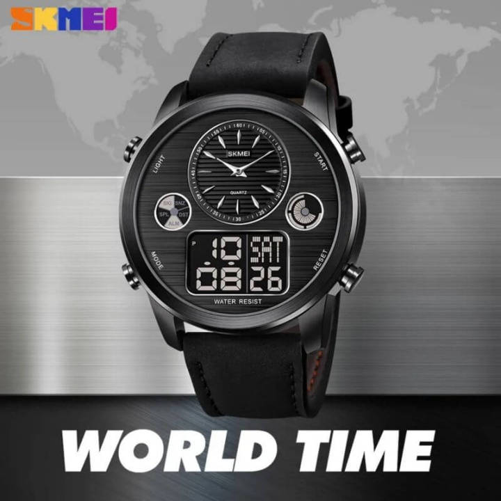SKMEI 1653 Men's World Time Dual Display Movement LED Electronic Multifunction Leather Strap Watch - Black