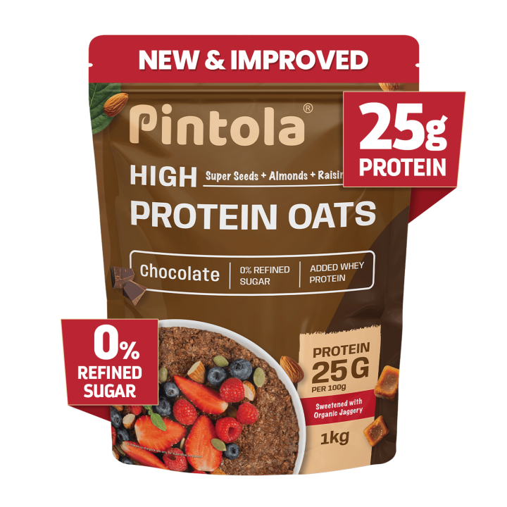 PINTOLA 25g High Protein Oats 1KG, Dark Chocolate,No Refined Sugar, with Almonds Raisin, Pumpkin and Chia Seeds, 8g Fibre, Rolled Oats, Breakfast Cereals