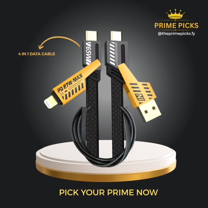 Prime Picks Metal USB Charging Cable Nylon 4 in 1 Fast Charging Cable (Type C/USB A/Lightning) Dual Type C PD 27W 65W Nylon Braided Cable | Flat Braided i-Phone Charging Cable with Velcro Multi Charging Cable Combo Type C/USB-A Ports