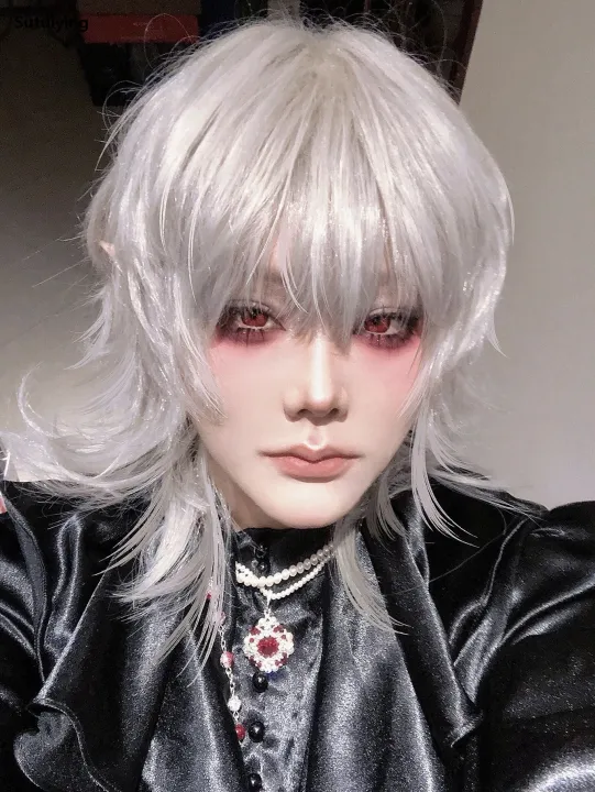 Sutuiying%2016Inch%20Silver%20White%20Color%20Handsome%20Synthetic%20Wig%20With%20Bang%20Medium%20New%20style%20Natural%20Wavy%20Hair%20Wig%20for%20Man%20or%20Women%20Cosplay%20Heat%20Resistant%20-%20Image%202