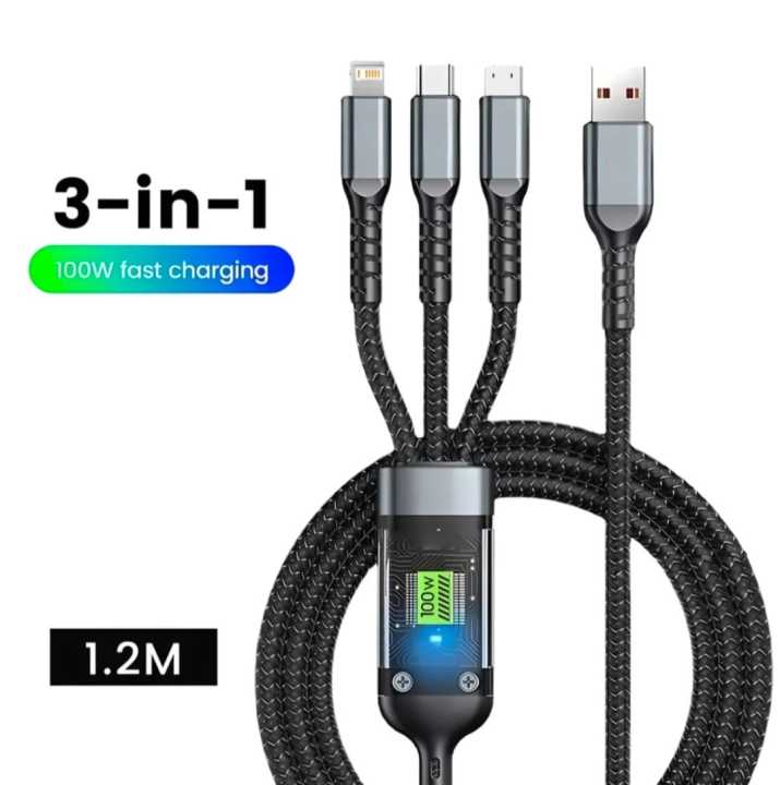 100w Transparent chip 3 In1 super fast charging Data Cable with lighting/Type c/Micro USB