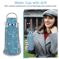 Diamond Stainless Steel Water Bottle Portable Glitter Rhinestone Water Bottle Crossbody Bling Thermal Flask 600ml E. 