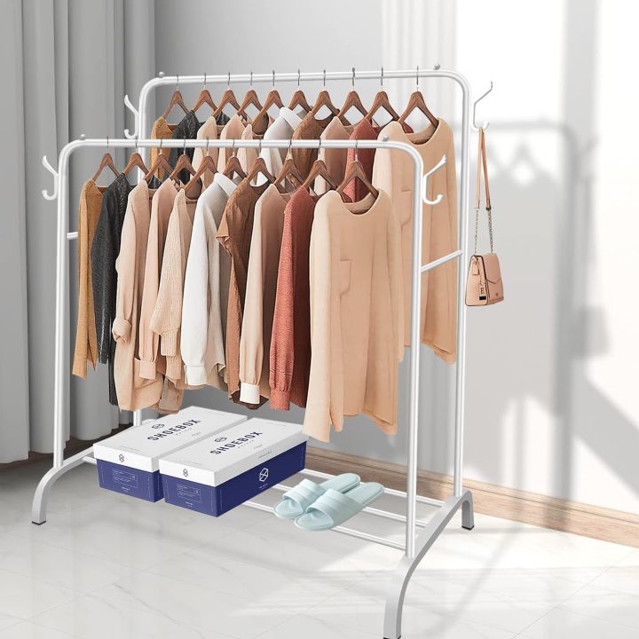 Metal%20Double%20Rail%20Garment%20Rack%20Heavy%20Duty%20Clothes%20Hang%20Movable%20with%201%20Tier%20Storage%20Shelf%20and%204%20Side%20Hooks%20Freestanding%20Organizer%20Shelf%20Bedroom%20-%20Image%202