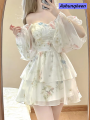 Ashunqiwen French Elegant Floral Mini Dress Chiffon Long Sleeve Evening Party Dress Women Holiday Beach Boho Fairy Dress Korean 2024 Robes. 