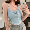 Korean Chic Letter Print Short Design Light Padded Tank Top Camisole. 