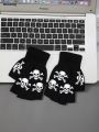Wenefang 1pcs New Kids Halloween Skeleton Skull Half Finger Luminous Punk Gloves Winter Skull Fingerless Black Mitten. 