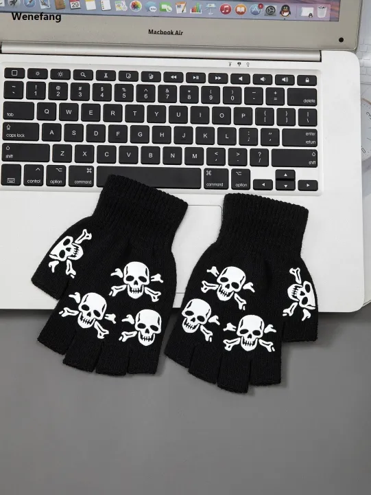 Wenefang%201pcs%20New%20Kids%20Halloween%20Skeleton%20Skull%20Half%20Finger%20Luminous%20Punk%20Gloves%20Winter%20Skull%20Fingerless%20Black%20Mitten%20-%20Image%202