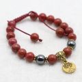 Red Jasper Stone Wrist Mala Bracelet with Hematite and Tibetan Mantra, Root Chakra Healing and Energy Balance. 