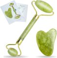 Jade Roller And Gua Sha Set For Beautiful Skin Detox - Facial Body Eyes Neck Massager Tool Reduce Wrinkles Aging - Original Natural Jade Stone. 