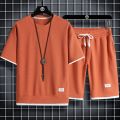 Waffle short sleeve t-shirt men's casual sportswear wholesale summer loose two-piece half-sleeved t-shirt two-piece set. 
