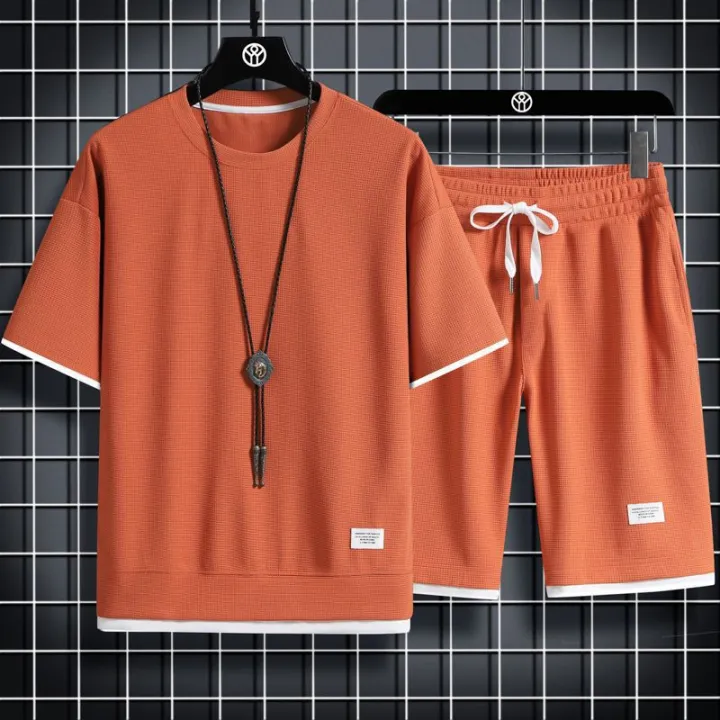 Waffle%20short%20sleeve%20t-shirt%20men's%20casual%20sportswear%20wholesale%20summer%20loose%20two-piece%20half-sleeved%20t-shirt%20two-piece%20set%20-%20Image%207