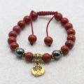 Red Jasper Stone Wrist Mala Bracelet with Hematite and Tibetan Mantra, Root Chakra Healing and Energy Balance. 
