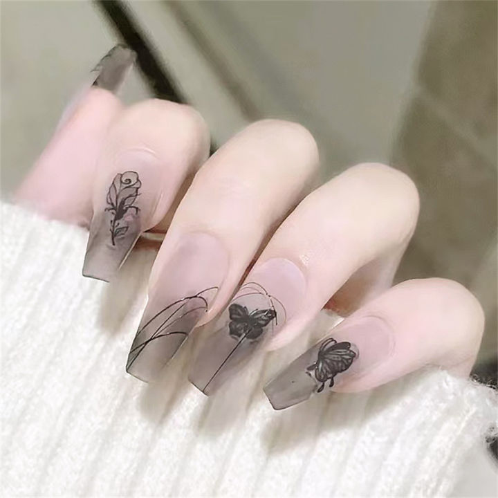 24pcs%20Matte%20Y2k%20Nails%20Press%20On%20Long%20Coffin%20Frosted%20Chinese%20Style%20False%20Nails%20With%20Ink%20Painting%20Designs%20Full%20Cover%20Nail%20Tips%20-%20Image%203