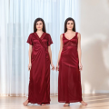 Silk Bridal Nightgown Set with Robe – Maroon Fancy Satin Nighty for Women (Free Size). 