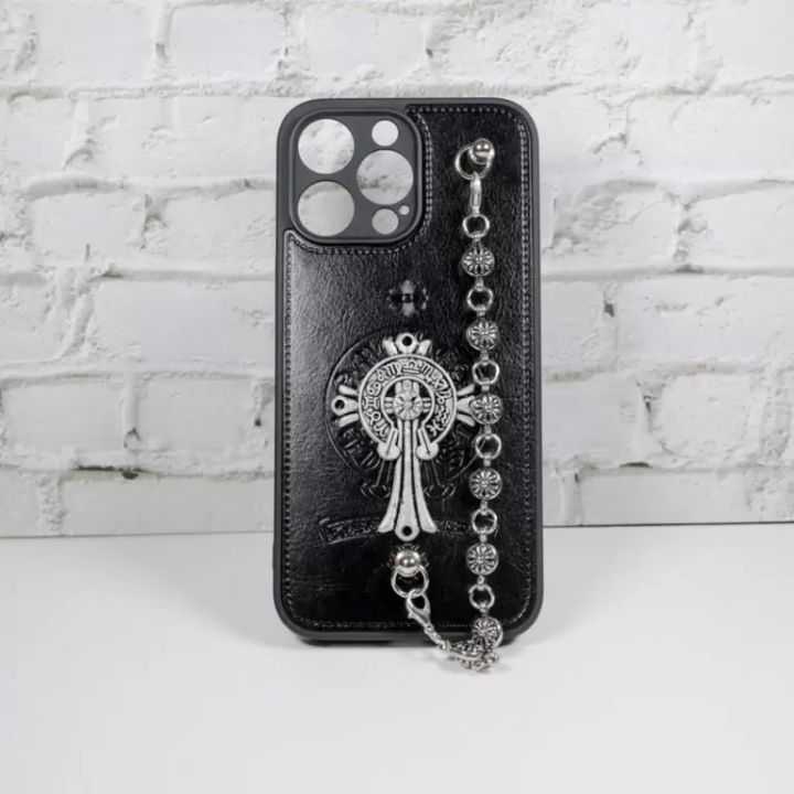 Masala Beads Metal Chrome Hearts Cross Leather Design With Chain Strap Stylish Emo Punk Fashionable TPU Soft Phone Case Cases Iphone Phone Cover
