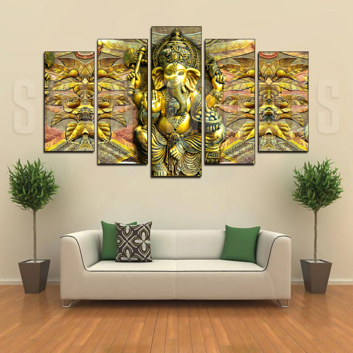 5 Piece Panel Golden Ganesh Wall Hang God Canvas Art with Wooden